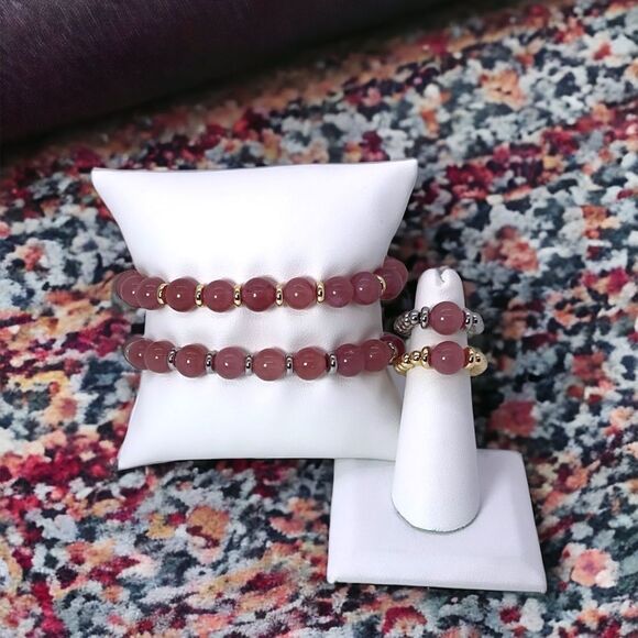 NWT Wool + Pepper Co. Strawberry Quartz Beaded Bracelet & Ring Set - Picture 1 of 5